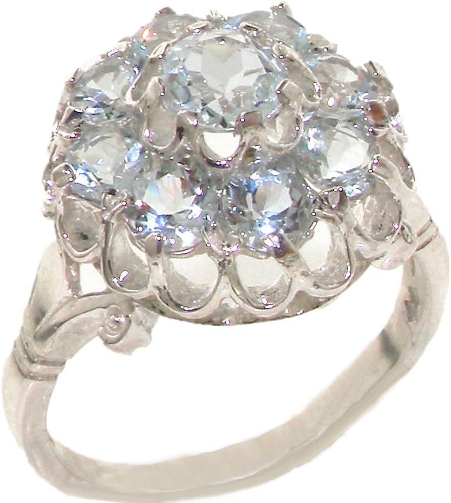 925 Sterling Silver Real Genuine Aquamarine Womens Band Ring -