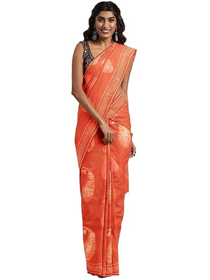 Womens Pure Cotton Handblock Printed Saree and Blouse | Rust BHKPSA0094