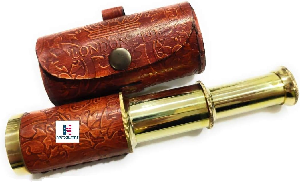 Nautical Handheld Pirate Brass Telescope with Box/Case,Sailor Home Decor Pirate Captain Boat Gift (6", Kelvin & Hughes) - Brass