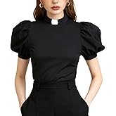 Womens Church Clergy Shirt Tab Collar Short Puff Sleeves Blouse Top