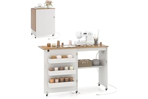 COSTWAY Sewing Machine Table with Charging Station, Folding Sewing Cabinet w/Lockable Casters, 3-Tier Shelf, Middle Rack, Mag