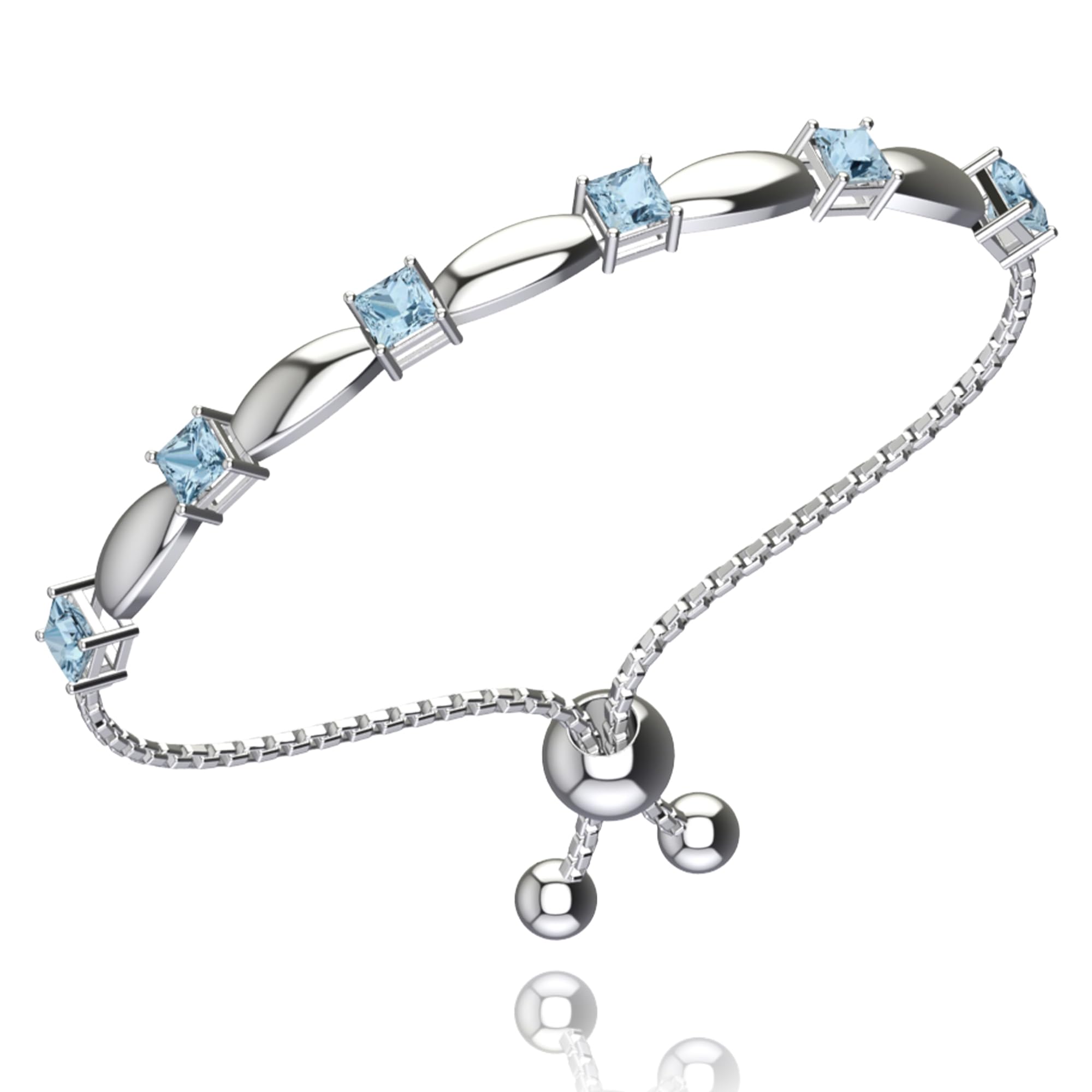 Belinda Jewelz Womens 925 Sterling Silver Sparkling Square Bolo Gemstone Adjustable Tennis Style Pull String Birthstone Jewelry Fine Bracelet, 2.5 Carat Blue Topaz, 11 Inch Box Chain