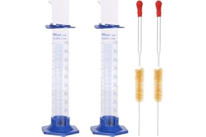 KIGITIK 2Pcs 100ml Graduated Cylinder, Thick Glass Measuring Cylinder, with Anti-Falling Plastic Base and Bumper Guards, for Science Laboratory Measuring Liquid, Bring 2 Brushes and 2 droppers