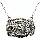 Wonderent Western Initial Necklace – Vintage Engraved Cowboy Buckle Pendant, Burnished Silver or Antique Gold Finish, Personalized Letter Jewelry Gift for Women