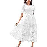 ebossy Women's Casual Smocked Lace Party Dress Puff Sleeve A-line Flowy Tiered Jacquard Midi Dress