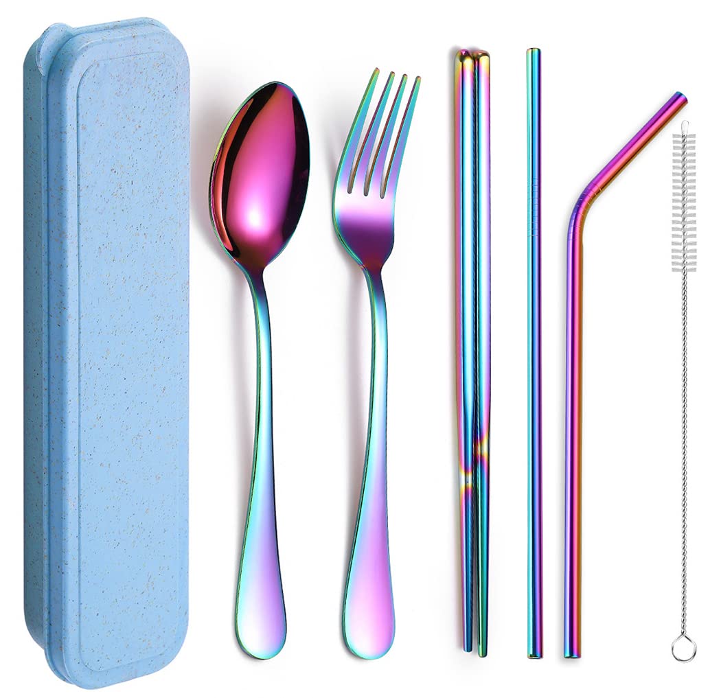 XIAOYU 6 Pieces Portable Reusable Cutlery Set, Stainless Steel Flatware Set, Travel Utensils Set, Includes Chopsticks/Fork/Spoon/Straws/Cleaning Brush, Rainbow