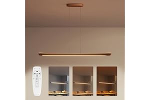 PopoIron 42" Wood Linear Pendant Light Kitchen Island Dimmable Dining Room Light Fixture with Remote，Adjustable Kitchen Island Chandelier 30W for Dining Room Bar Pool Table Light Walnut Color