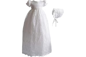 Xopzsiay Baby Girls Floral Lace Empire Waist Organza Long Christening Gown Baptism Dress with Ruffle Bonnet