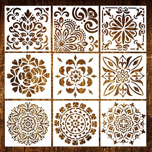 Mandala Painting Stencils Reusable Stencil Laser Cut Painting Template Floor Wall Tile Fabric Wood Furniture Stencils, Set of 9 (6x6 inch)