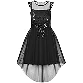 grewley Girls Dress Ruffle Sleeve Sparkly Sequin Tulle Princess Dress for Birthday Party High Low Dress with Belt 5-14 Years
