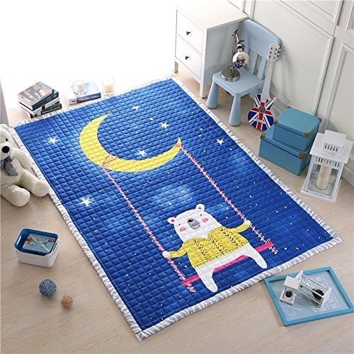 Moon And Stars Blue Kids Area Rug Cotton infant play yoga mat carpets for kids 4.7 Ft.X6.3 Ft