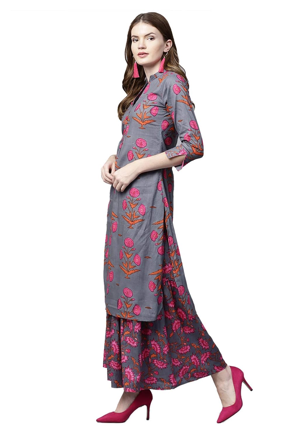 ishin women's cotton blue printed a-line kurta palazzo sets