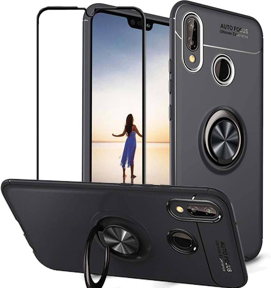 BetterAmy for Huawei P Smart 2019 / Honor 10 Lite Case,Slim Soft TPU Case with Metal Finger Ring Grip Holder Kickstand Case [Compatible with Magnetic Car Mount] &Tempered Glass Screen Protector,Black