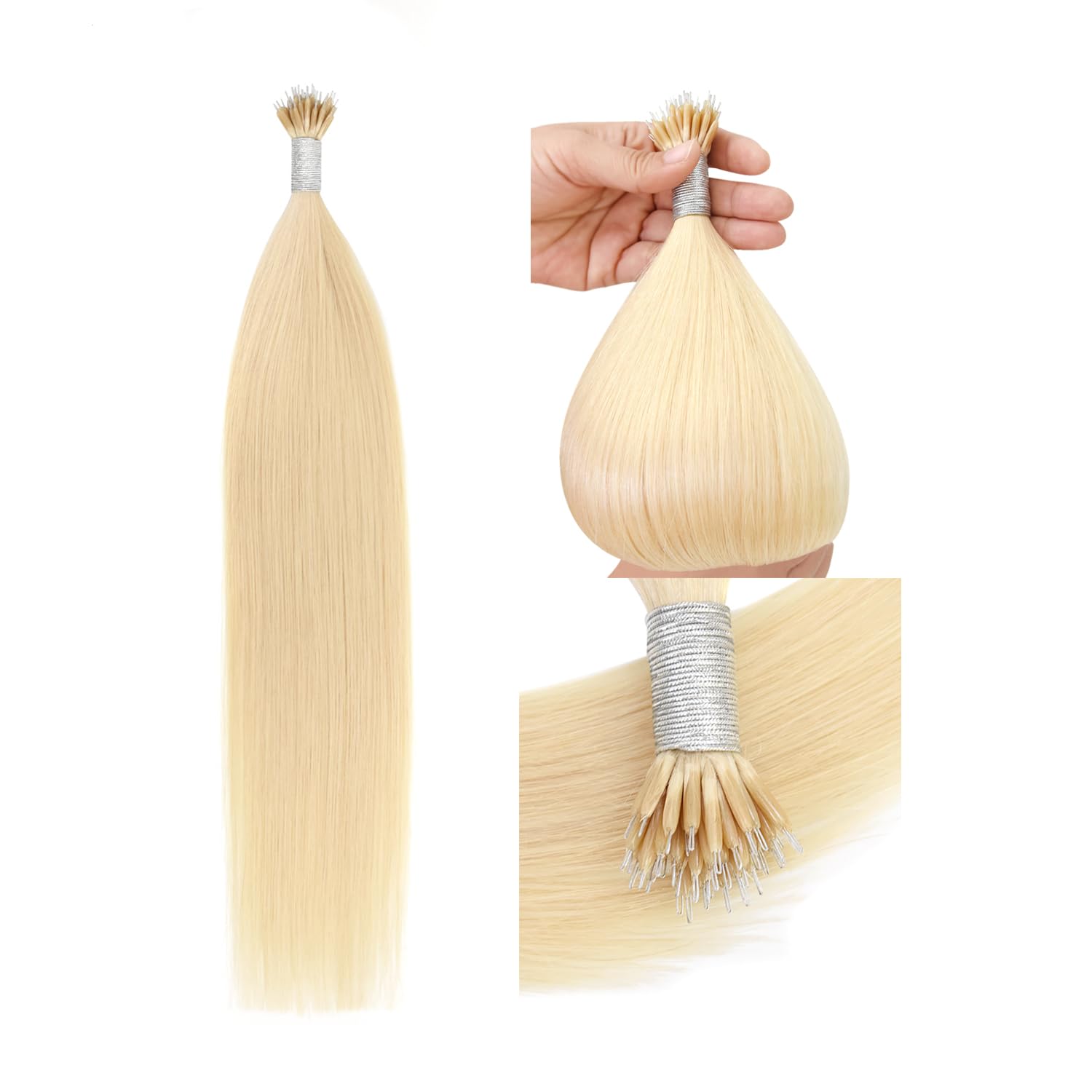 Nano Ring Tip Hair Extensions Real Human Hair Nano Beads 50g Remy Hair Extensions (18 Inch #60 Platinum Blonde)