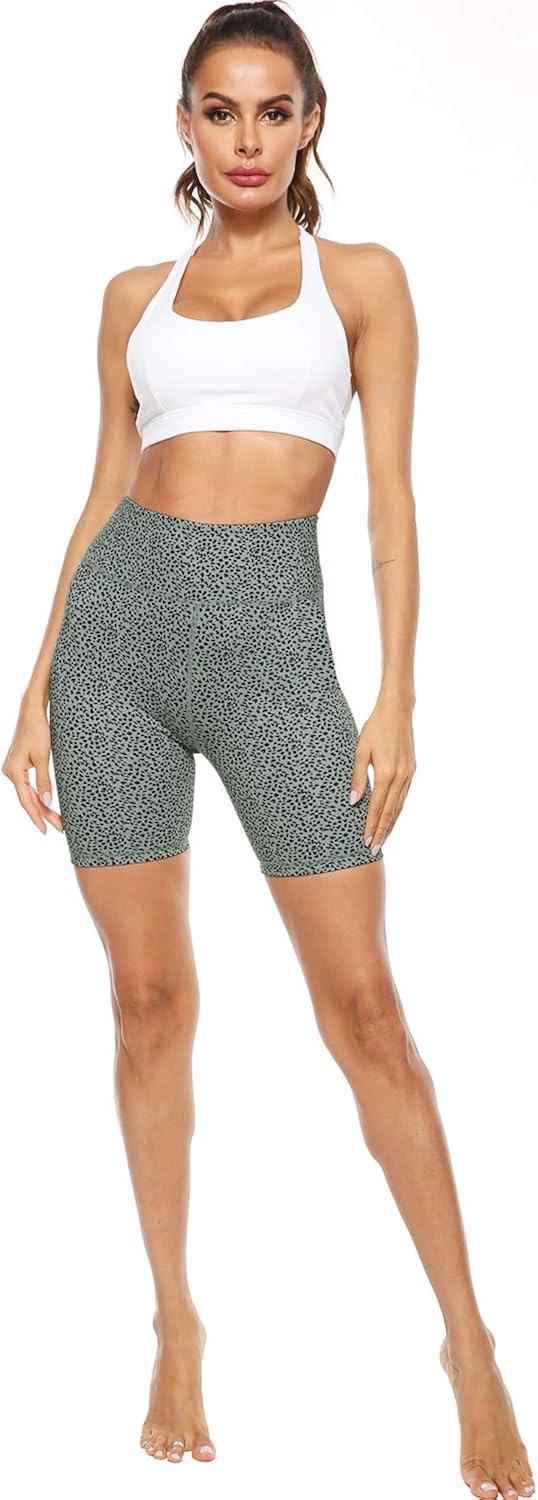 Persit Women's High Waist Print Workout Yoga Shorts with 2 Hidden Pockets, Non See-Through Tummy Control Athletic Shorts: Clothing