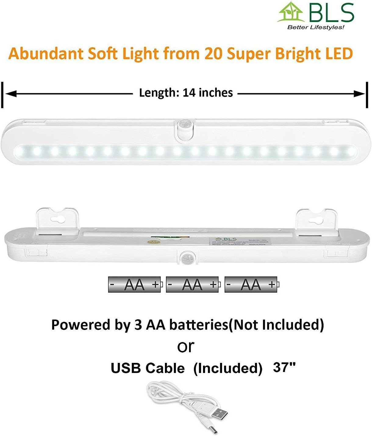T01L LED Closet Light - BLS Super Bright 20 LED Under Cabinet Lighting Battery Powered/DC Input Wireless Motion Sensing Light, Auto On Off Switch, Motion Sensor & Light Sensor, Light Beam Adjustable - - 