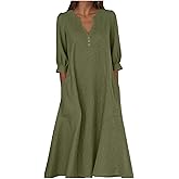 Womens Cotton Linen Dress Casual Button Down Flowy Plus Size Maxi Dresses 3/4 Pleated Sleeve Shift Dress with Pocket