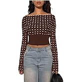 Floerns Women's Polka Dots Off The Shoulder T Shirt Long Sleeve See Through Going Out Tops