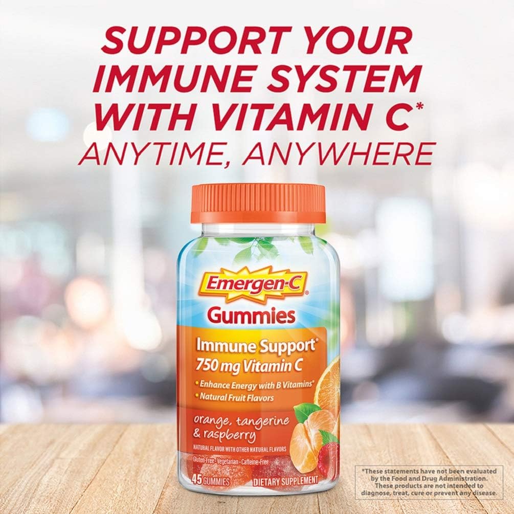 Emergen-C 750mg Vitamin C Gummies for Adults, Immunity Gummies with B Vitamins, Gluten Free, Orange, Tangerine and Raspberry Flavors - 45 Count: Health & Personal Care