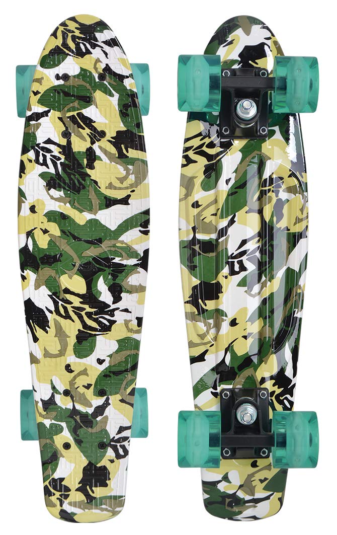 Schildkröt Retro Skateboard Free Spirit, Premium Board with Cool Design on the Platform, LED Lights, Design: Camouflage, 510781