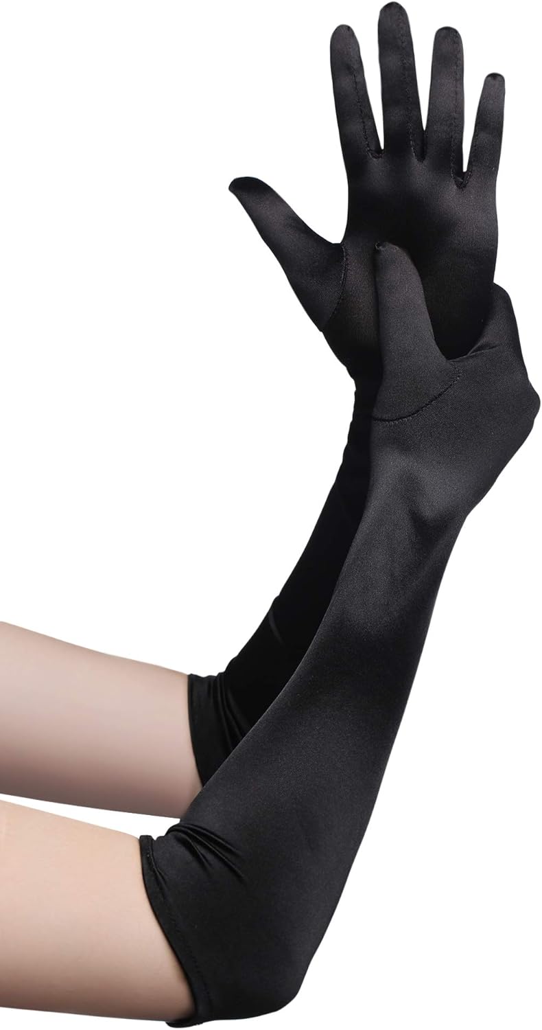 BABEYOND Classic Long Opera Pageant Party 1920s Satin Gloves Stretchy Adult Size Elbow Wrist Length 20.5" (Long Smooth 20.5in/Black): Clothing