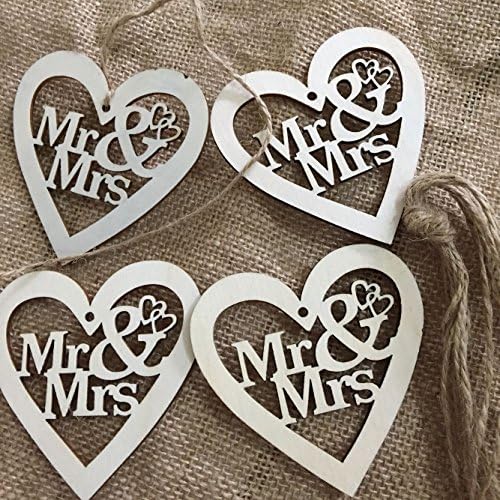 Mr &amp; Mrs Wedding Decor Wood Heart, Engraved Hanging Wooden Hearts, Rustic Wedding Decor, Wedding Wood Tags 3 inches, Pack of 10