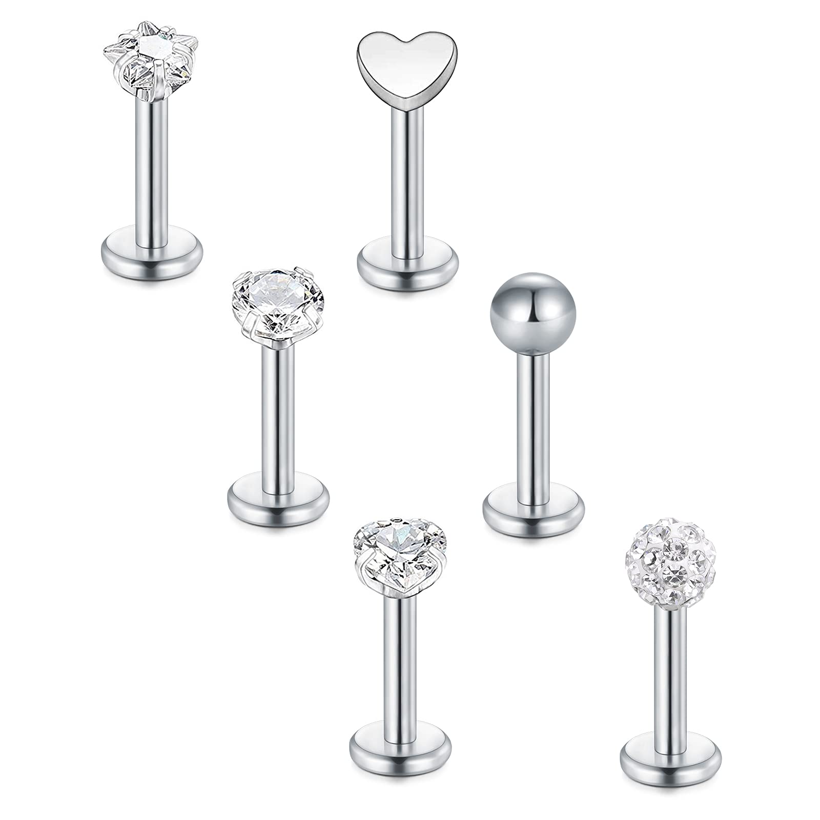 Briana Williams 6pcs Tragus Earrings Silver Lip Bars Labret Stud 16G 6/8/10mm Stainless Steel Helix Piercing Jewellery