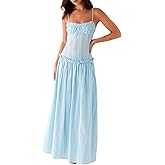 Women Spaghetti Strap Flowy Maxi Dress Smocked Drop Waist Aline Dress Long Ruffle Cocktail Sundress