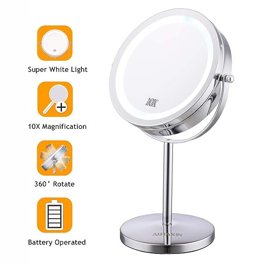 Lighted Makeup Mirror - 7" LED Vanity Mirror 10X Magnifying Double Sided Swivel Cosmetic Mirror Chrome Finish ALHAKIN best LED vanity mirrors Lighted Makeup Mirror - 7" LED Vanity Mirror 10X Magnifying Double Sided Swivel Cosmetic Mirror Chrome Finish ALHAKIN best LED vanity mirrors