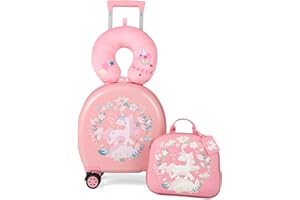 BABY JOY Kids Luggage, 4 Pieces 14" Kids Carry on Luggage with Wheels, Hardshell Backpack, Neck Pillow & Name Tag for Toddler