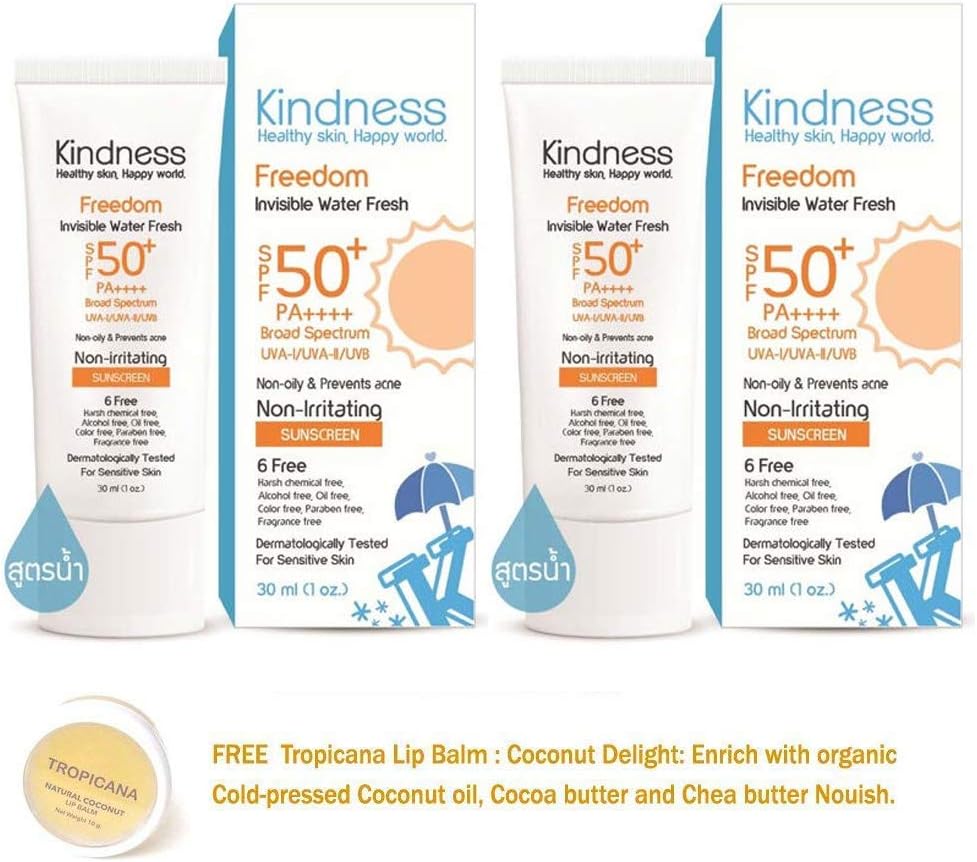 2 UNITS OF KINDNESS FREEDOM INVISIBLE WATER FRESH SPF50 + PA ++++ BROAD SPECTRUM NON OILY SUNSCREEN NON IRRITATING SUITABLE SENSITIVE SKIN 6 FREE[GET FREE TOMATO FACIAL MASK]