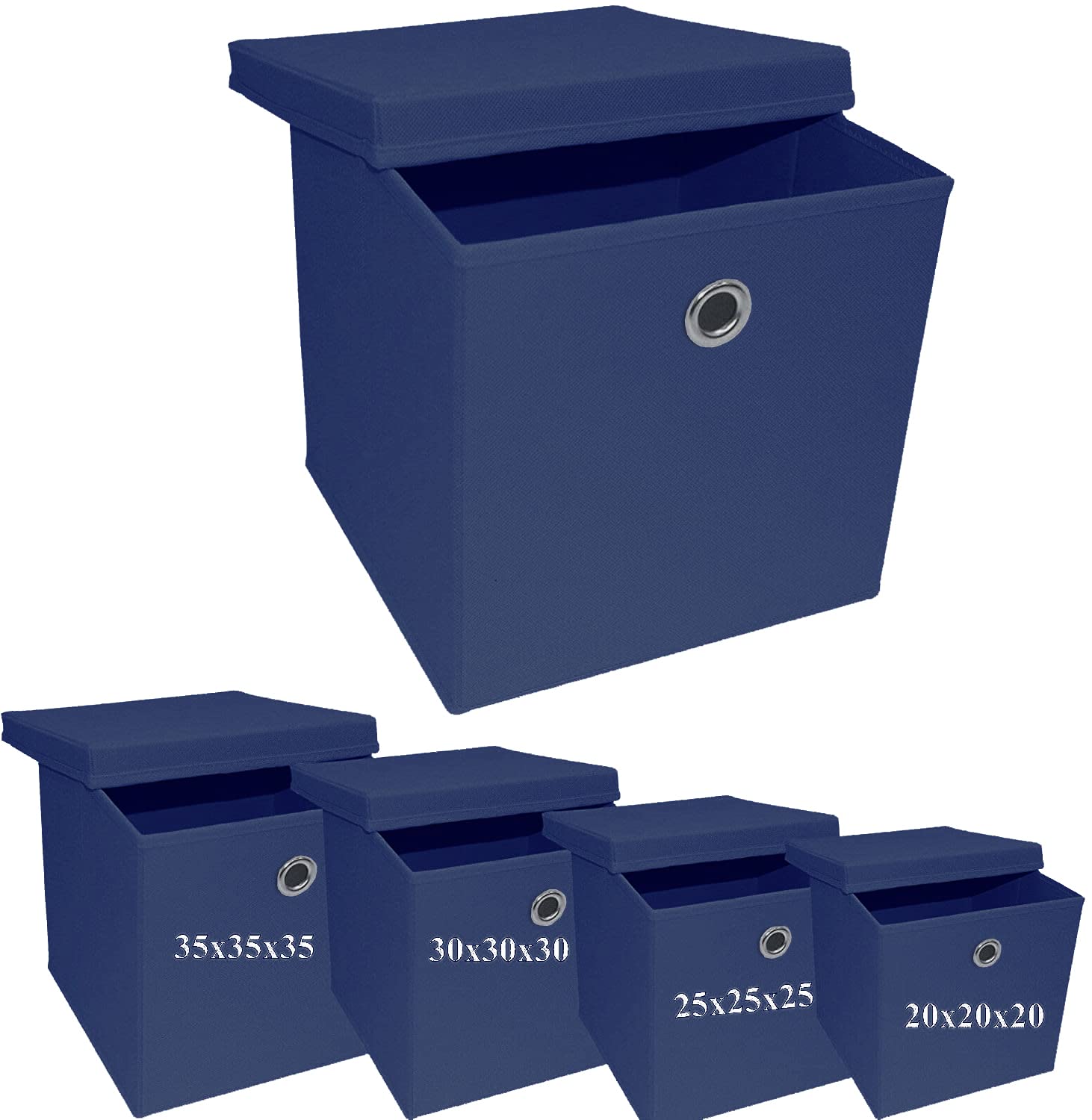 A406 2x Foldable Storage Boxes with Lid Storage Basket with Lid Fabric Cubes with Handles Collapsible Fabric Organiser Clothes Storage Box (Medium- 25x25x25cm, Navy)