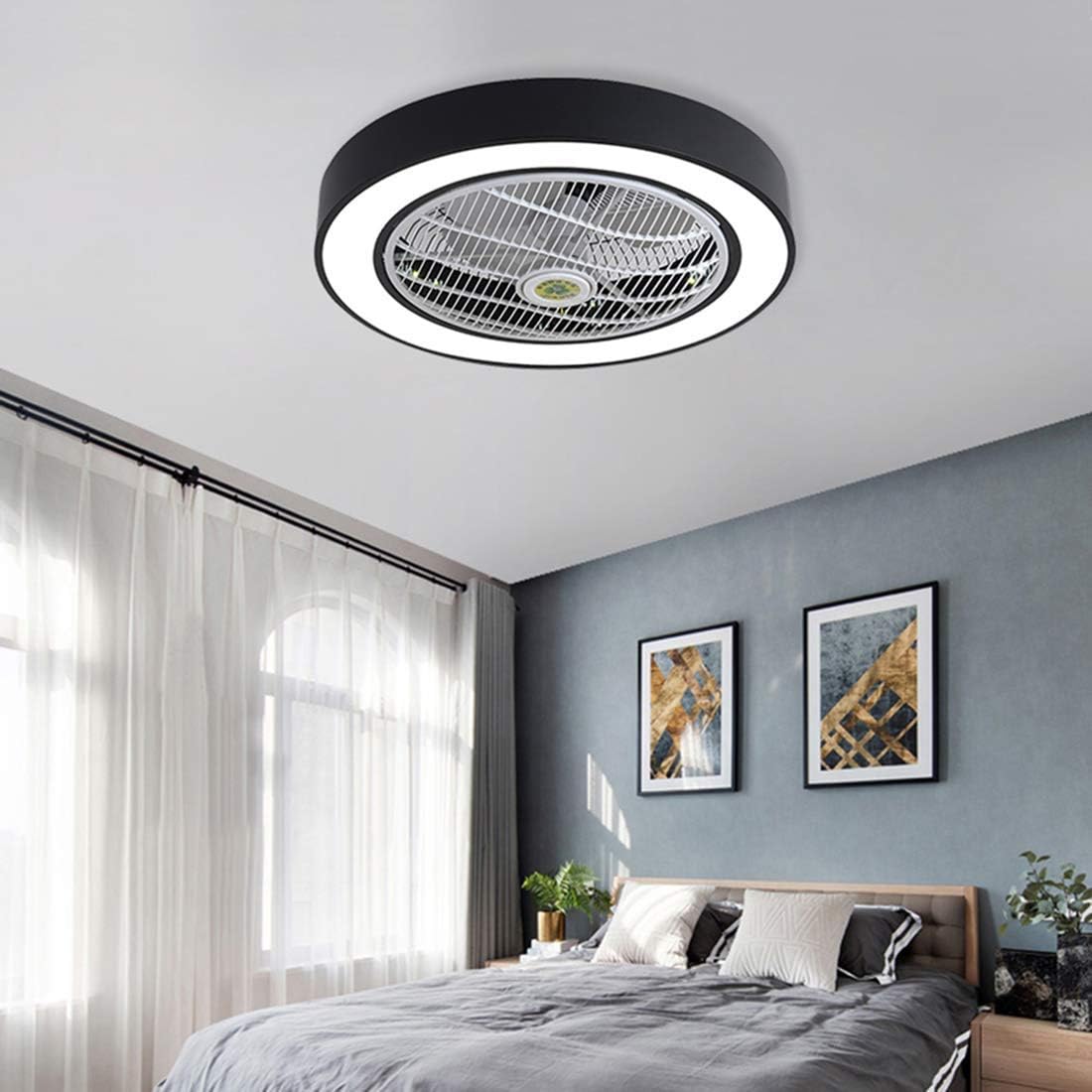 Amazon Com Ceiling Fan With Light 22 Inches Led Remote Control 3 Color Lighting Modes Invisible Acrylic Blades Metal Shell Semi Flush Mount Low Profile Fan Black Kitchen Dining