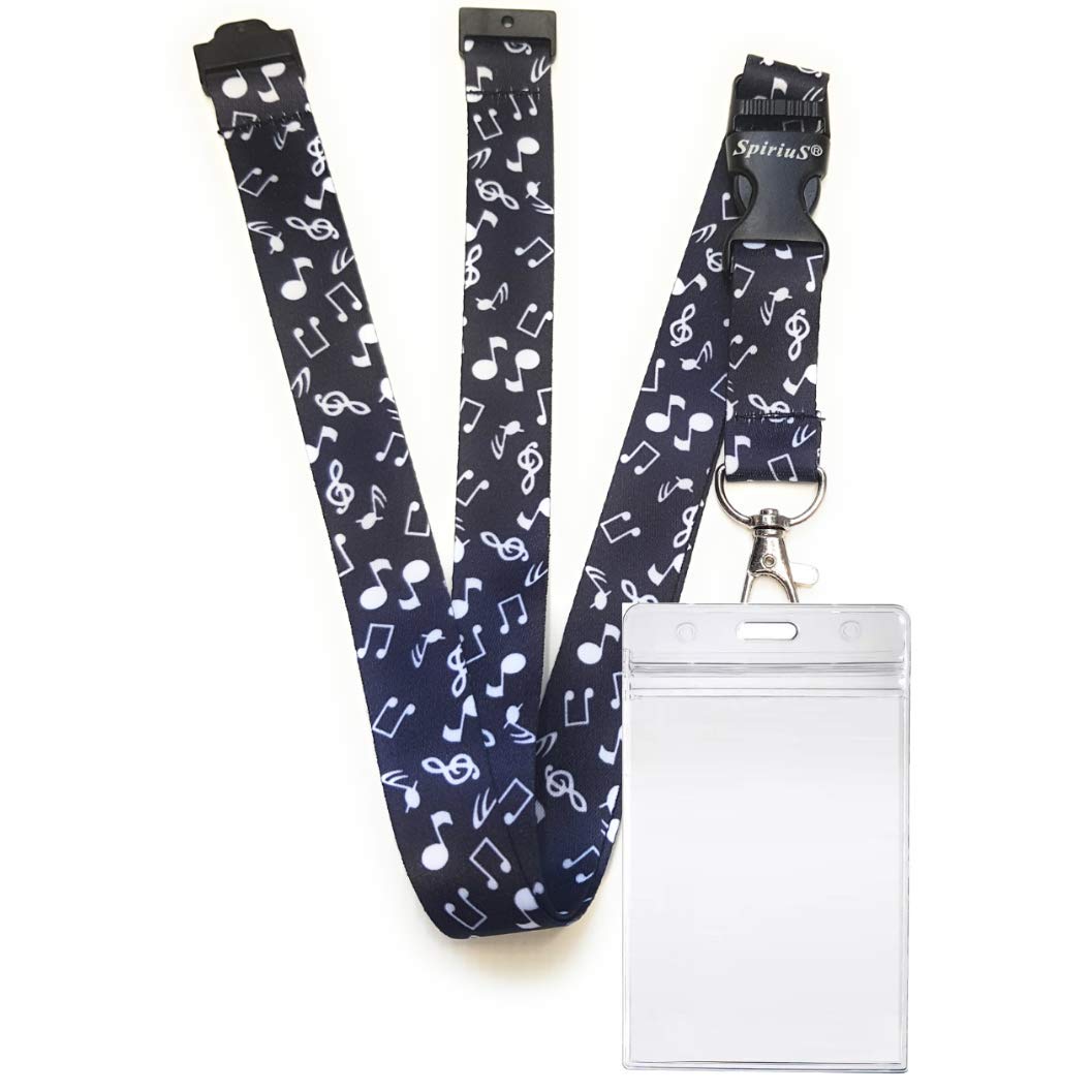 Zip-Lock Design & Waterproof Id Badge Card Holder + SpiriuS Lanyard Neck Strap with Metal Clip (Black & White Musical Note)