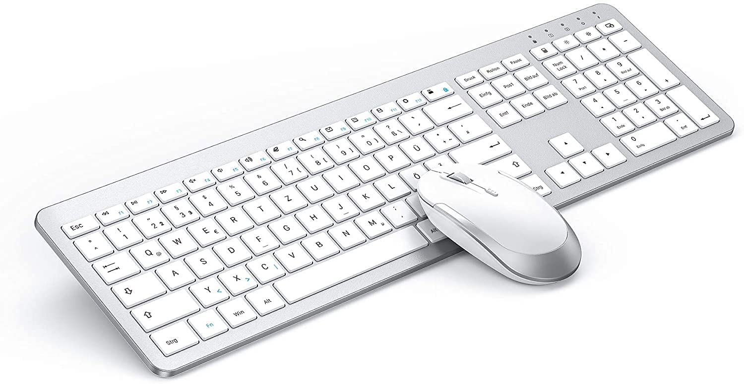 seenda SK38-3 Wireless Keyboard Mouse Set, Ultra Thin Rechargeable Wireless Keyboard, Ergonomic Keyboard Mouse with Silicone Dust Cover for PC/Laptop/Smart TV, QWERTZ Layout, White and Silver