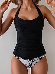 Eomenie Womens Halter Tankini Bathing Suit Ruched