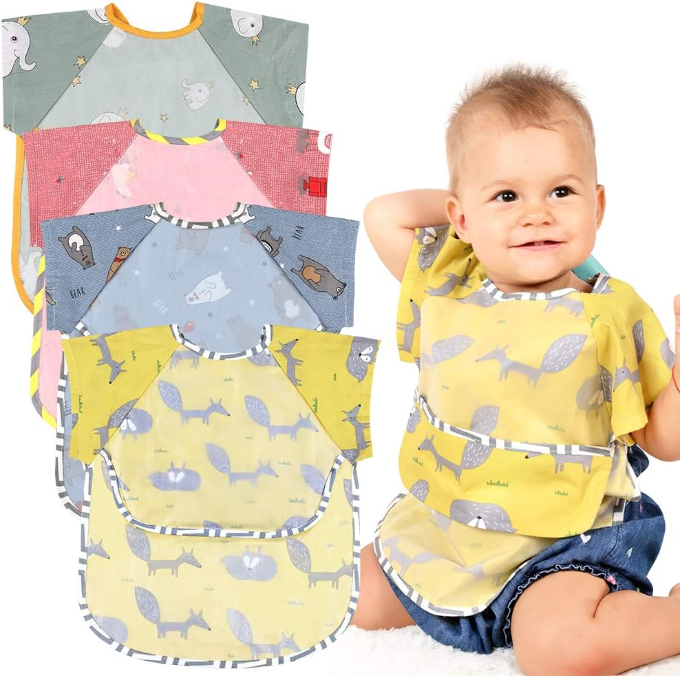 Lictin Baby Bibs with Short Sleeves 4 PCS Feeding Bibs with Sleeves