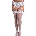 Lovehoney Lingerie Women's Sheer Floral Lace Stockings - Stretchy Nylon Thigh Highs - Regular to Plus Sizes: 4-18