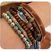 Navirix Boho Wooden Beaded Bracelet Set for Women Men,Natural Wood Elastic Beads Turquoise Feather Flower Charming Bracelets Stack Layered Western Jewelry