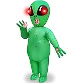 Camlinbo Halloween Inflatable Alien Costume with Red LED Eyes, Scary Alien Blow Up Costumes for Adults Men, Full Body Green Inflatable for Cosplay Themed Parties