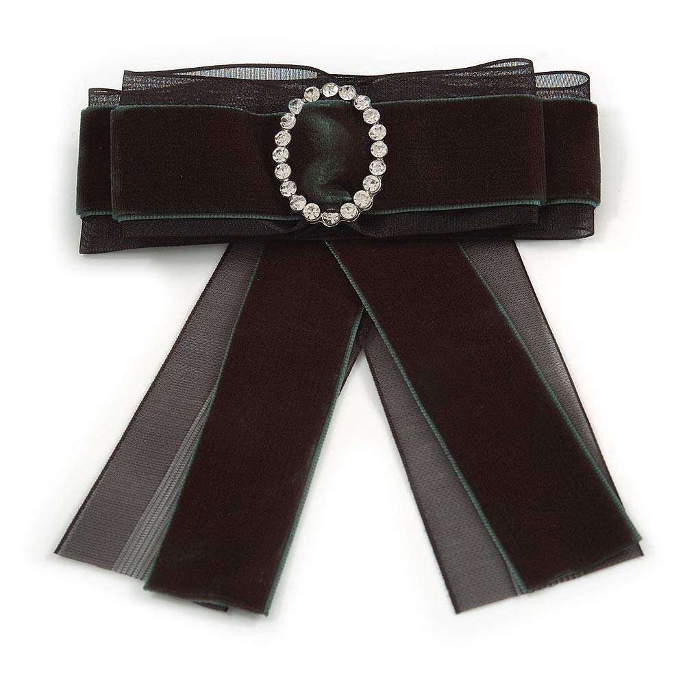 Vintage/Retro Men And Women Universal Dark Green/Black Velour, Organza Fabric Ribbon Pre-Tied Bow Tie Collar with Clear Crystal Detailing - 12cm L
