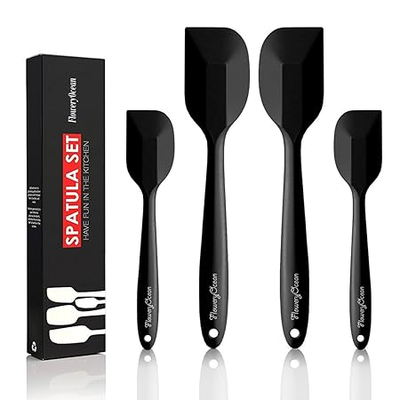 FloweryOcean 4 Silikon Spatel Hitzebeständig Spatulas Schwarz Rot BPA Frei Silikon Teigschaber Schwarz Rot Set Nicht-Stick, E