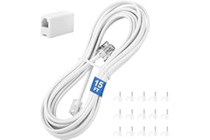 Uvital Phone Extension Cord 15 FT, Telephone Extension Line Cable with RJ11 Plug and 1 in-line Coupler and 15pcs Nail-in Cable Clip Holders, White