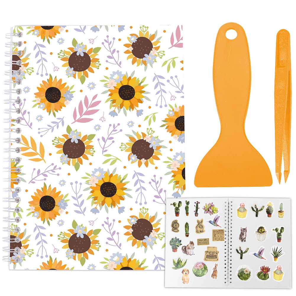 CRASPIRE A5 Reusable Sticker Book Storage with Scraper and Tweezer 40 Sheets Release Paper Waterproof Blank Stickers Organizer Saver Holder Keeper Album Sunflowers Clear Cover for Labels Storaging