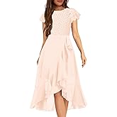 HOSIKA Girls Vintage Lace Chiffon Ruffle Sleeve A-Line Wedding Party Junior Bridesmaid Dress for Kids 6-12 Years
