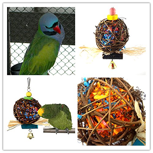 QIBOX Parrot Chewing Toy for Small Medium Birds, Natural Hand-Made Chewing Hanging Toy, Rattan Ball Cage Toy Preening Toy for Bird Parrot African Budgie Macaw Parakeet Cockatiel Lovebird Cage Toy