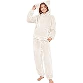 COZYPOIN Women's Fuzzy Pajamas Sets Hooded Bear Ear Fluffy Fleece Loungewear Sleep Pullover Top Pants 2 Piece Outfits Pockets
