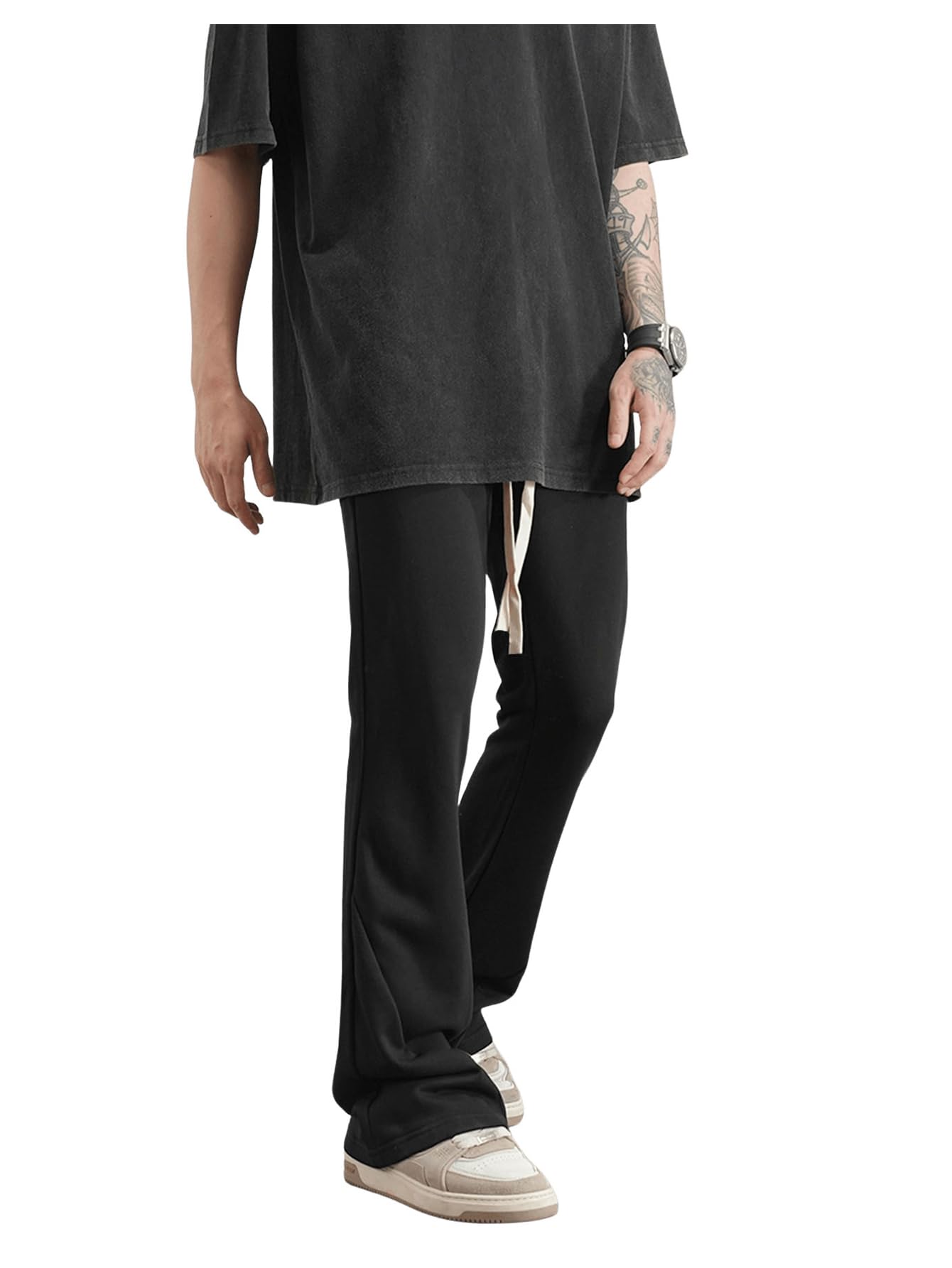 Photo 1 of WDIRARA Men's Wide Leg Flare Sweatpants Drawstring Trousers High Waisted Casual Outdoor Sweatpants with Pockets Black XL