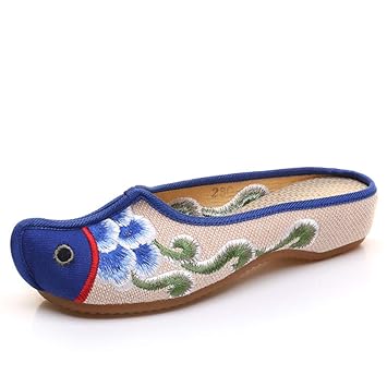 AWSAYS 2019 Frau Stiletto Schuhe Leinwand Exotische Wind National Wind Bestickte Verspielte Hausschuhe