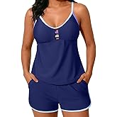 Aleumdr Women Blouson Color Block Tankini Swimsuits Tummy Control Two Piece Bathing Suits with Two Pockets Bottom Swimwear